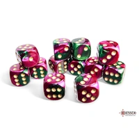 CHX 26634 Gemini Green-Purple/gold 16mm d6 Dice Block (12 dice)