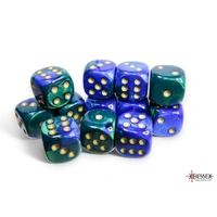 CHX 26636 Gemini Blue-Green/gold 16mm d6 Dice Block (12 dice)